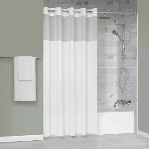 Protect360° Boxed Stripe Shower Curtain, Hook Free, Antimicrobial, Polyester, 71x80, White